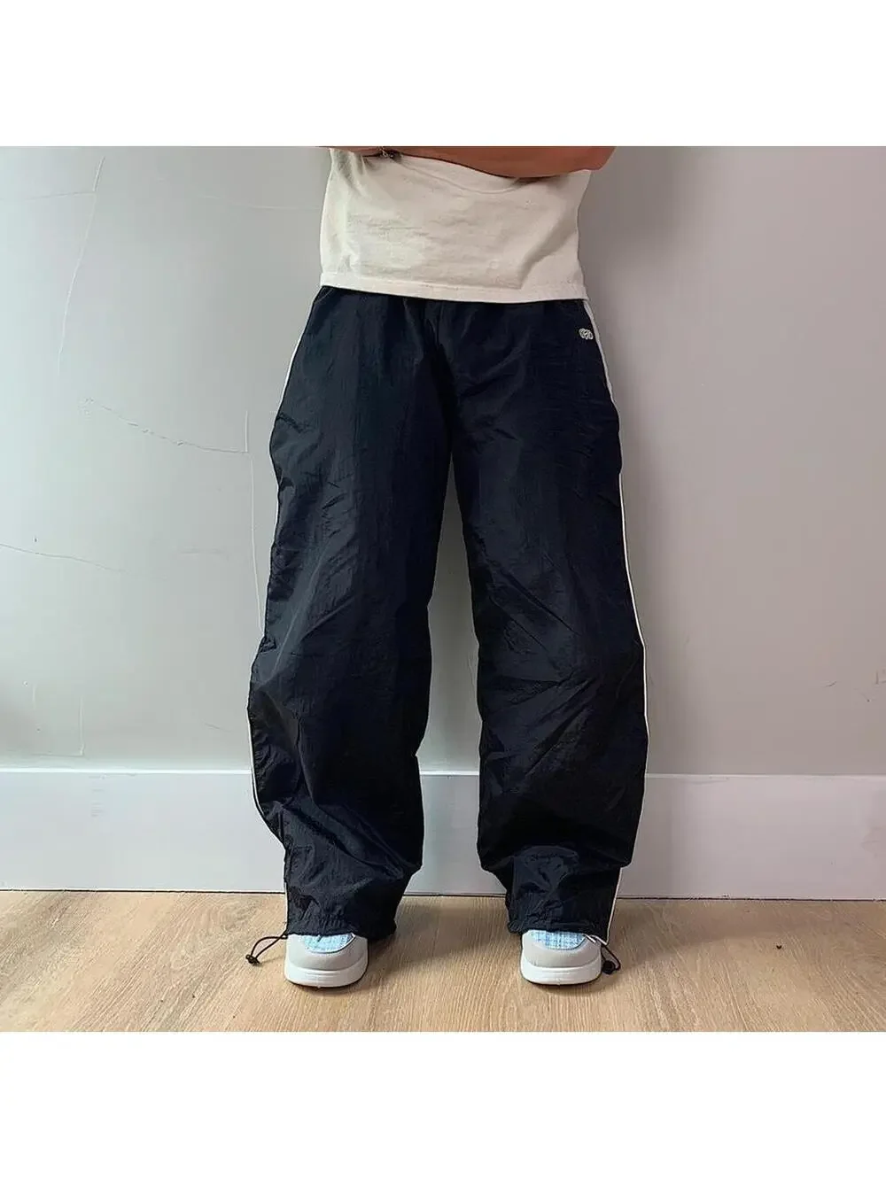 Y2k 2000s baggy loose lightweight striped black and white windbreaker pants
